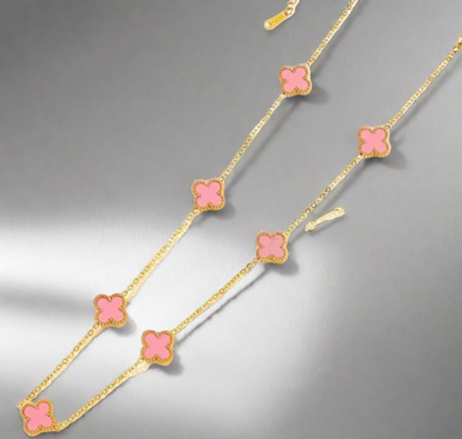 Dainty Gold Clover Pendant Necklace - Pink
