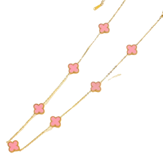 Dainty Gold Clover Pendant Necklace - Pink